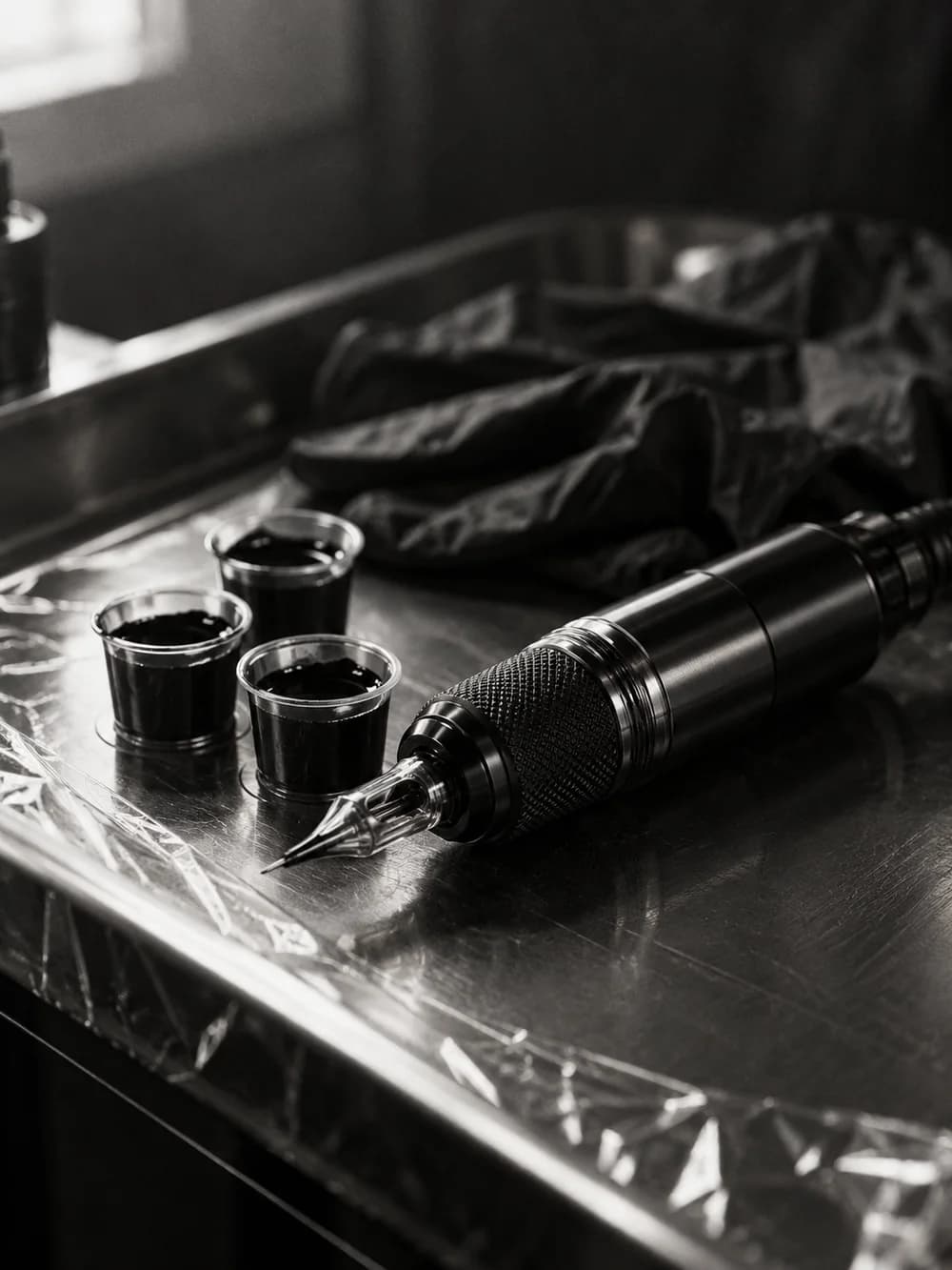 Composição de ambientação com instrumentos de tatuagem